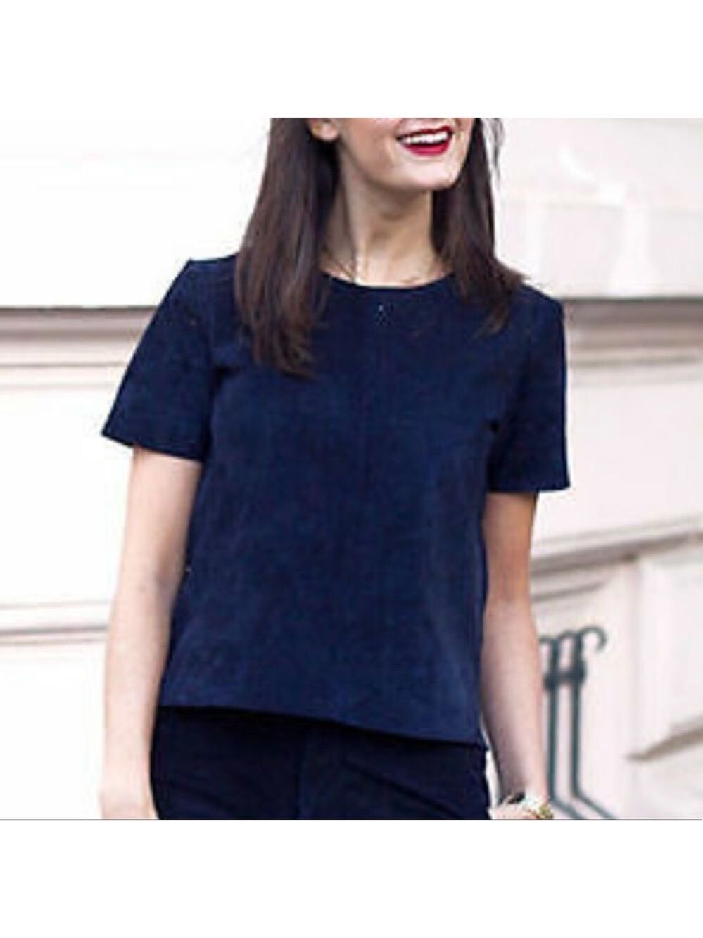 ZARA Suede Leather Crew Neck Short Sleeve Blouse T-Shirt Top Navy Blue S